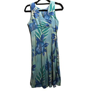 VTG Iolani‎ Babydoll Dress Made in Hawaii USA Blue Green Floral V Neck 90s Y2K S